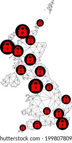 Polygonal mesh lockdown map of United Kingdom. Abstract mesh lines and locks form map of United Kingdom. Vector wire frame 2D polygonal line network in black color with red locks.