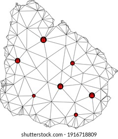 Polygonal mesh lockdown map of Uruguay. Abstract mesh lines and locks form map of Uruguay. Vector wire frame 2D polygonal line network in black color with red locks.