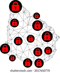 Polygonal mesh lockdown map of Uruguay. Abstract mesh lines and locks form map of Uruguay. Vector wire frame 2D polygonal line network in black color with red locks. Frame model for isolation posters.