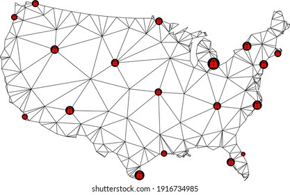 Polygonal mesh lockdown map of USA. Abstract mesh lines and locks form map of USA. Vector wire frame 2D polygonal line network in black color with red locks. Frame model for lockdown templates.