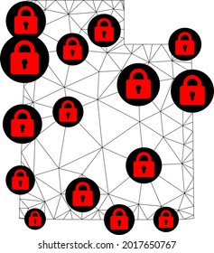 Polygonal mesh lockdown map of Utah State. Abstract mesh lines and locks form map of Utah State. Vector wire frame 2D polygonal line network in black color with red locks.