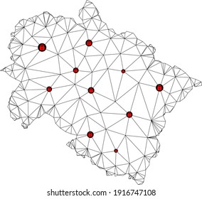 Polygonal mesh lockdown map of Uttarakhand State. Abstract mesh lines and locks form map of Uttarakhand State. Vector wire frame 2D polygonal line network in black color with red locks.