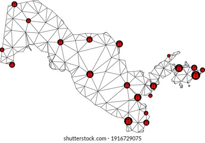 Polygonal mesh lockdown map of Uzbekistan. Abstract mesh lines and locks form map of Uzbekistan. Vector wire frame 2D polygonal line network in black color with red locks.