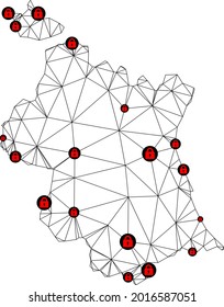 Polygonal mesh lockdown map of Valencia Province. Abstract mesh lines and locks form map of Valencia Province. Vector wire frame 2D polygonal line network in black color with red locks.