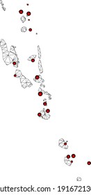 Polygonal Mesh Sperrkarte der Vanuatu Inseln. Abstrakte Maschenlinien und Schlösser bilden eine Karte der Vanuatu Inseln. Vektor-Draht Rahmen 2D polygonale Linie Netzwerk in schwarzer Farbe mit roten Schlössern.