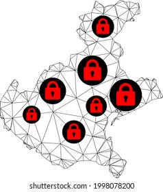 Polygonal mesh lockdown map of Veneto region. Abstract mesh lines and locks form map of Veneto region. Vector wire frame 2D polygonal line network in black color with red locks.
