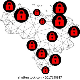 Mapa poligonal de bloqueo de malla de Venezuela. Resumen de líneas de malla y cerraduras de un mapa de Venezuela. Red de línea poligonal 2D del marco de alambre de vectores en color negro con cerraduras rojas.