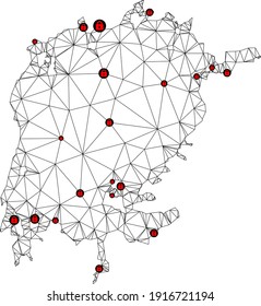 Polygonal mesh lockdown map of Victoria Lake. Abstract mesh lines and locks form map of Victoria Lake. Vector wire frame 2D polygonal line network in black color with red locks.