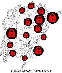 Mapa poligonal de bloqueo de malla del lago Victoria. Resumen de líneas de malla y cerraduras de un mapa del lago Victoria. Red de línea poligonal 2D del marco de alambre de vectores en color negro con cerraduras rojas.