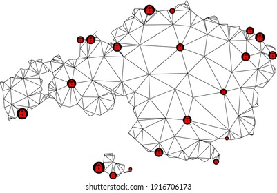 Polygonal mesh lockdown map of Vizcaya Province. Abstract mesh lines and locks form map of Vizcaya Province. Vector wire frame 2D polygonal line network in black color with red locks.