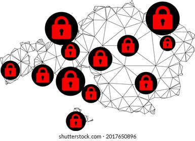 Polygonal mesh lockdown map of Vizcaya Province. Abstract mesh lines and locks form map of Vizcaya Province. Vector wire frame 2D polygonal line network in black color with red locks.