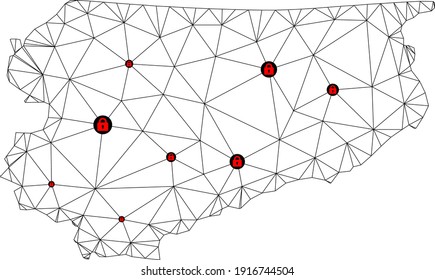 Polygonal mesh lockdown map of Warmia-Masuria Province. Abstract mesh lines and locks form map of Warmia-Masuria Province. Vector wire frame 2D polygonal line network in black color with red locks.