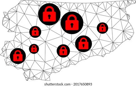 Polygonal mesh lockdown map of Warmia-Masuria Province. Abstract mesh lines and locks form map of Warmia-Masuria Province. Vector wire frame 2D polygonal line network in black color with red locks.