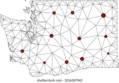 Polygonal mesh lockdown map of Washington State. Abstract mesh lines and locks form map of Washington State. Vector wire frame 2D polygonal line network in black color with red locks.