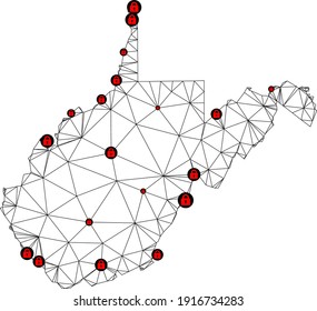 Polygonal mesh lockdown map of West Virginia State. Abstract mesh lines and locks form map of West Virginia State. Vector wire frame 2D polygonal line network in black color with red locks.