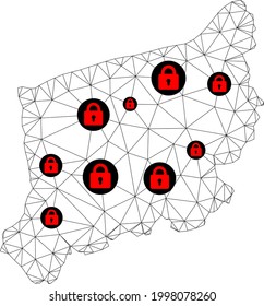 Polygonal mesh lockdown map of West Pomerania Province. Abstract mesh lines and locks form map of West Pomerania Province. Vector wire frame 2D polygonal line network in black color with red locks.