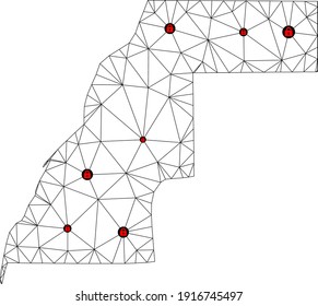 Mapa poligonal de bloqueo de malla del Sahara Occidental. Resumen de líneas de malla y cerraduras de un mapa del Sahara Occidental. Red de línea poligonal 2D del marco de alambre de vectores en color negro con cerraduras rojas.