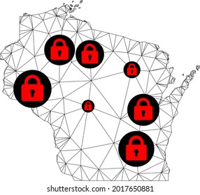 Mapa poligonal de bloqueo de malla del estado de Wisconsin. Resumen de líneas de malla y cerraduras de mapa del estado de Wisconsin. Red de línea poligonal 2D del marco de alambre de vectores en color negro con cerraduras rojas.