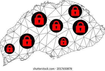 Polygonal mesh lockdown map of Wrangel Island. Abstract mesh lines and locks form map of Wrangel Island. Vector wire frame 2D polygonal line network in black color with red locks.