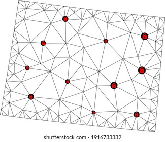 Polygonal mesh lockdown map of Wyoming State. Abstract mesh lines and locks form map of Wyoming State. Vector wire frame 2D polygonal line network in black color with red locks.