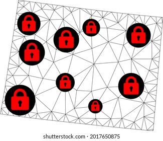 Polygonal mesh lockdown map of Wyoming State. Abstract mesh lines and locks form map of Wyoming State. Vector wire frame 2D polygonal line network in black color with red locks.