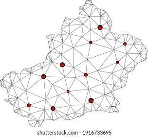 Polygonal mesh lockdown map of Xinjiang Uyghur Region. Abstract mesh lines and locks form map of Xinjiang Uyghur Region. Vector wire frame 2D polygonal line network in black color with red locks.