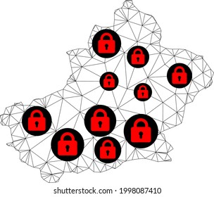 Polygonal mesh lockdown map of Xinjiang Uyghur Region. Abstract mesh lines and locks form map of Xinjiang Uyghur Region. Vector wire frame 2D polygonal line network in black color with red locks.