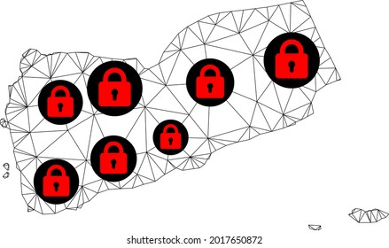 Polygonale Maschendrehkarte des Jemen. Abstrakte Maschenlinien und Schlösser bilden eine Karte des Jemen. Vektor-Draht Rahmen 2D polygonale Linie Netzwerk in schwarzer Farbe mit roten Schlössern. Bildmodell für Absperrzwecke.