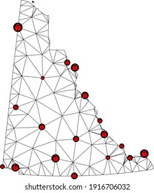 Polygonal mesh lockdown map of Yukon Province. Abstract mesh lines and locks form map of Yukon Province. Vector wire frame 2D polygonal line network in black color with red locks.