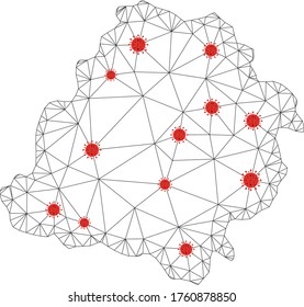 Polygonal mesh Lodz Voivodeship map with coronavirus centers. Abstract network connected lines and covid- 2019 viruses form Lodz Voivodeship map.