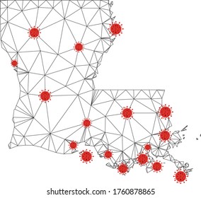 Polygonal mesh Louisiana State map with coronavirus centers. Abstract mesh connected lines and covid- 2019 viruses form Louisiana State map.