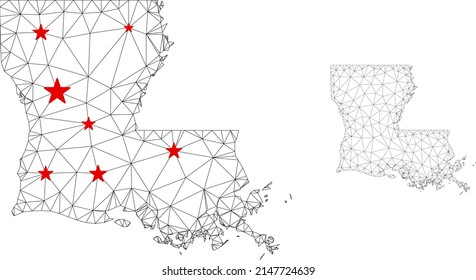 Polygonal mesh Louisiana State map with red star centers. Abstract network connected lines and stars form Louisiana State map. Vector wireframe 2D triangular network in black and red colors.