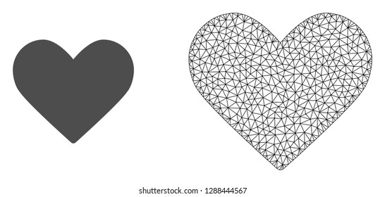 Polygonal mesh love heart and flat icon are isolated on a white background. Abstract black mesh lines, triangles and nodes forms love heart icon.