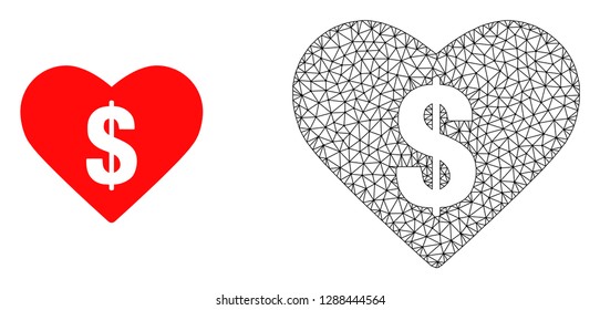 Polygonal mesh love price and flat icon are isolated on a white background. Abstract black mesh lines, triangles and nodes forms love price icon.