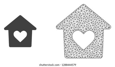 Polygonal mesh lovely house and flat icon are isolated on a white background. Abstract black mesh lines, triangles and dots forms lovely house icon.