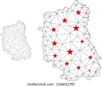 Polygonal mesh Lublin Voivodeship map with red star centers. Abstract mesh connected lines and stars form Lublin Voivodeship map. Vector wire frame 2D polygonal network in black and red colors.