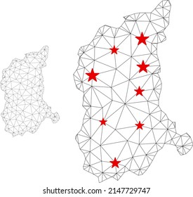 Polygonal mesh Lubusz Voivodeship map with red star centers. Abstract mesh connected lines and stars form Lubusz Voivodeship map. Vector wireframe 2D polygonal network in black and red colors.