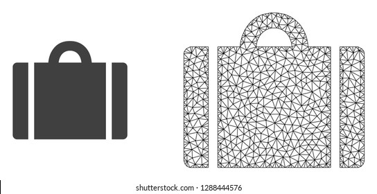 Polygonal mesh luggage and flat icon are isolated on a white background. Abstract black mesh lines, triangles and nodes forms luggage icon.