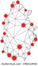 Polygonal mesh Lugo Province map with coronavirus centers. Abstract network connected lines and covid viruses on Lugo Province map. Vector wireframe flat polygonal network in black and red colors.