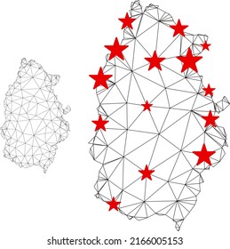Polygonal mesh Lugo Province map with red star centers. Abstract mesh connected lines and stars form Lugo Province map. Vector wireframe flat polygonal network in black and red colors.
