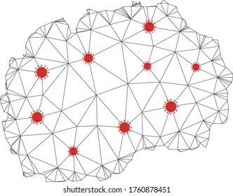 Polygonal mesh Macedonia map with coronavirus centers. Abstract mesh connected lines and covid- 2019 viruses form Macedonia map. Vector wireframe flat polygonal network in black and red colors.