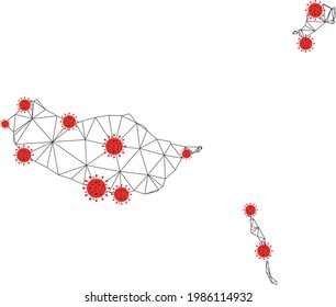 Polygonal mesh Madeira Islands map with coronavirus centers. Abstract network connected lines and flu viruses on Madeira Islands map. Vector wireframe 2D triangular network in black and red colors.