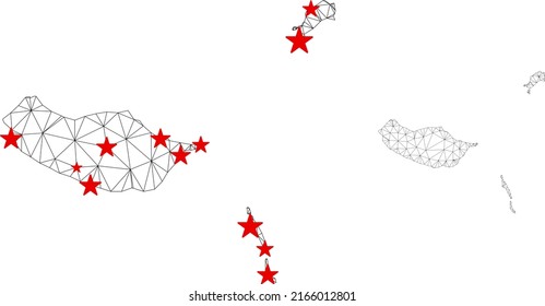 Polygonal mesh Madeira Islands map with red star centers. Abstract mesh connected lines and stars form Madeira Islands map. Vector wireframe flat polygonal network in black and red colors.