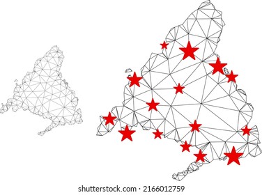 Polygonal mesh Madrid Province map with red star centers. Abstract mesh connected lines and stars form Madrid Province map. Vector wireframe 2D polygonal network in black and red colors.