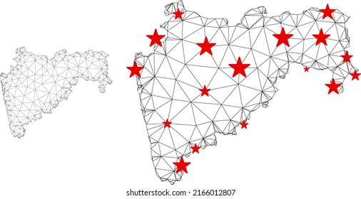 Polygonal mesh Maharashtra State map with red star centers. Abstract net connected lines and stars form Maharashtra State map. Vector wireframe flat polygonal network in black and red colors.