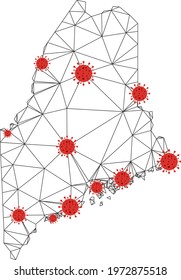 Polygonal mesh Maine State map with coronavirus centers. Abstract mesh connected lines and flu viruses form Maine State map. Vector wireframe flat triangular network in black and red colors.