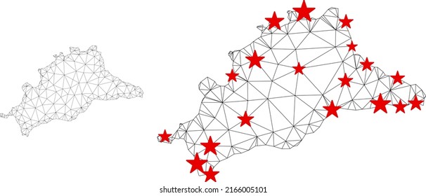 Polygonal mesh Malaga Province map with red star centers. Abstract mesh connected lines and stars form Malaga Province map. Vector wireframe 2D triangular network in black and red colors.
