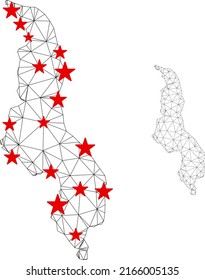 Polygonal mesh Malawi map with red star centers. Abstract network connected lines and stars form Malawi map. Vector wireframe flat polygonal network in black and red colors.