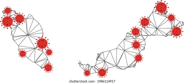 Polygonale Maschenkarte Malaysia mit Coronavirus-Zentren. Abstrakte Netzwerk-Verbindungsleitungen und covid-Viren auf der Karte von Malaysia. Vektor Wireframe 2D Polygonnetzwerk in Schwarz und Rot Farben.