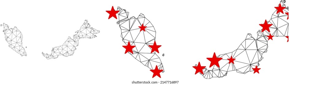 Polygonal mesh Malaysia map with red star centers. Abstract mesh connected lines and stars form Malaysia map. Vector wireframe flat polygonal network in black and red colors.
